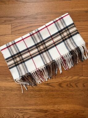 Cashmink Ivory/red/tan/black plaid scarf.